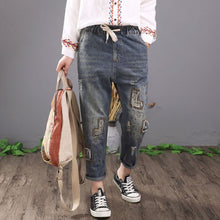 Load image into Gallery viewer, Women Vintage Embroidered Ripped Cotton Denim Lace Up Elastic Waist Jeans