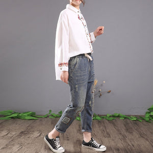 Women Vintage Embroidered Ripped Cotton Denim Lace Up Elastic Waist Jeans