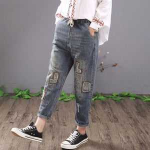 Women Vintage Embroidered Ripped Cotton Denim Lace Up Elastic Waist Jeans