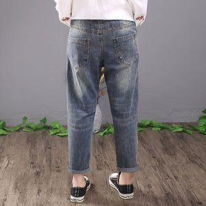 Women Vintage Embroidered Ripped Cotton Denim Lace Up Elastic Waist Jeans