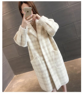 Elegant plaid women fashion woolen coats casual turn-down collar warm outwear