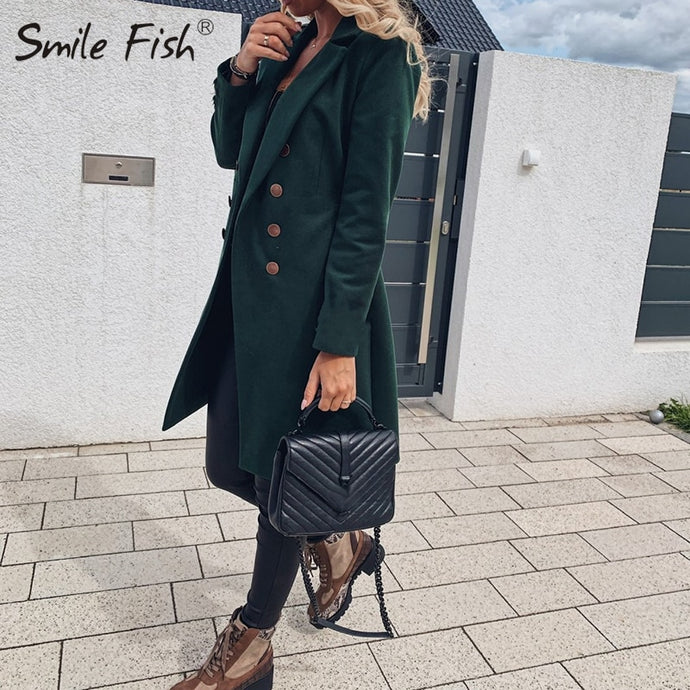 2020 Autumn Winter Wool Blend Coat Female Casual Mid-Long Overcoats Jacket Elegant Solid Women Long Sleeve Buttons Outwear GV782