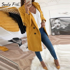 2020 Autumn Winter Wool Blend Coat Female Casual Mid-Long Overcoats Jacket Elegant Solid Women Long Sleeve Buttons Outwear GV782