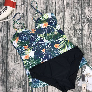 New Retro Print 2 Piece Tankini Plus Size Shorts Push Up Bathing Suit