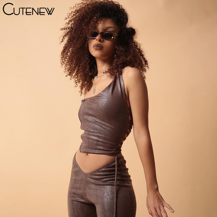 Cutenew Faux Leather Y2k 2 Two Piece Sets Backless Crop Tops Pants Casual Street Clothing