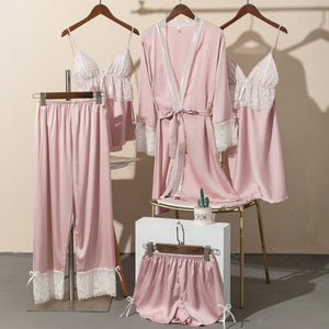 5 Pieces Robe Sets Women Summer Lace Embroidery Sleep Dressing Set Nightgowns Sleepshirts