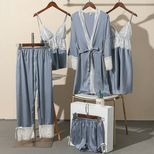 5 Pieces Robe Sets Women Summer Lace Embroidery Sleep Dressing Set Nightgowns Sleepshirts