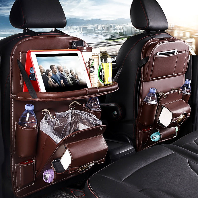 Leather Car Seat Back Organizer Tray  With  Foldable Table