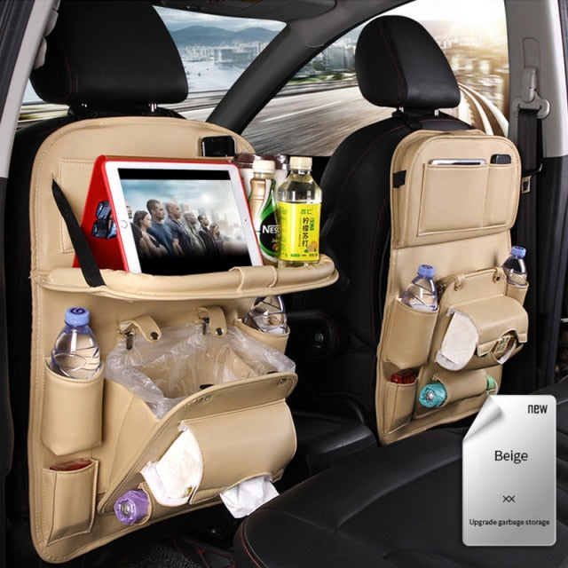 Leather Car Seat Back Organizer Tray  With  Foldable Table