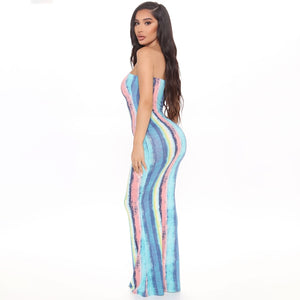 Sleeveless Slash Neck Tie-dyed Style Maxi Dress Spring Summer Women Fashion Streetwear Casual Outfits