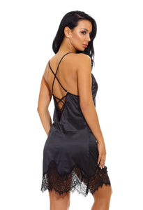 Nightgown Lace Lingerie Sleepwear Deep V-Neck