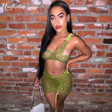 Load image into Gallery viewer, Sleeveless One-Shoulder Mesh Bow Sexy Tank Crop Top Elastic Waist Skirt 2 Pieces Set