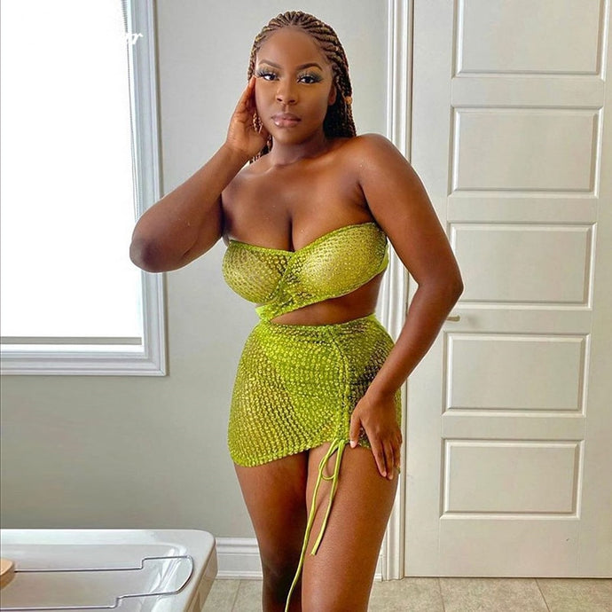 Sleeveless One-Shoulder Mesh Bow Sexy Tank Crop Top Elastic Waist Skirt 2 Pieces Set