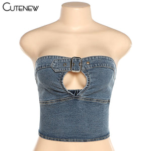 Cutenew Denim Women Tank Tops New Casual Slim Streetwear Fashion Simplicity