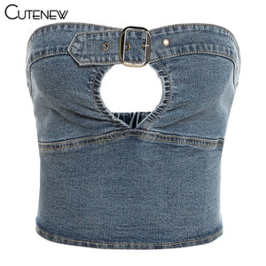 Cutenew Denim Women Tank Tops New Casual Slim Streetwear Fashion Simplicity