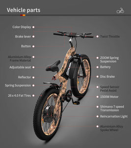 Electric Bike S18 1500W Mountain E bike 48V 15Ah Removable Lithium Battery 4.0 Fat Tire Ebike Beach Cruiser Bike