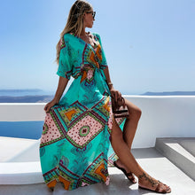 Load image into Gallery viewer, Casual Boho Lace Up Print Summer Half Sleeve V-neck Slit