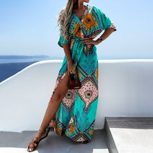 Load image into Gallery viewer, Casual Boho Lace Up Print Summer Half Sleeve V-neck Slit