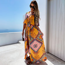 Load image into Gallery viewer, Casual Boho Lace Up Print Summer Half Sleeve V-neck Slit