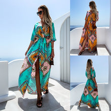 Load image into Gallery viewer, Casual Boho Lace Up Print Summer Half Sleeve V-neck Slit