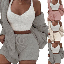 Load image into Gallery viewer, Women Fluffy Soft Pajama Sets Fleece Long Sleeve Nightwear Plush Hooded Coat+Shorts  Comfortable Sleepwear 3PCS