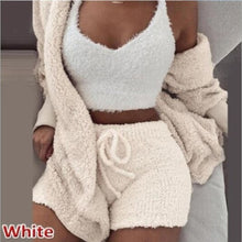 Load image into Gallery viewer, Women Fluffy Soft Pajama Sets Fleece Long Sleeve Nightwear Plush Hooded Coat+Shorts  Comfortable Sleepwear 3PCS