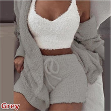 Load image into Gallery viewer, Women Fluffy Soft Pajama Sets Fleece Long Sleeve Nightwear Plush Hooded Coat+Shorts  Comfortable Sleepwear 3PCS