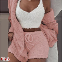 Load image into Gallery viewer, Women Fluffy Soft Pajama Sets Fleece Long Sleeve Nightwear Plush Hooded Coat+Shorts  Comfortable Sleepwear 3PCS