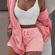 Load image into Gallery viewer, Women Fluffy Soft Pajama Sets Fleece Long Sleeve Nightwear Plush Hooded Coat+Shorts  Comfortable Sleepwear 3PCS