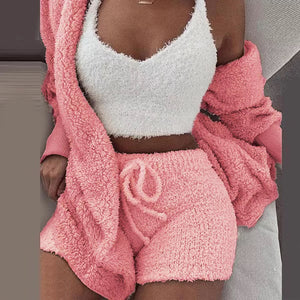 Women Fluffy Soft Pajama Sets Fleece Long Sleeve Nightwear Plush Hooded Coat+Shorts  Comfortable Sleepwear 3PCS