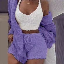 Load image into Gallery viewer, Women Fluffy Soft Pajama Sets Fleece Long Sleeve Nightwear Plush Hooded Coat+Shorts  Comfortable Sleepwear 3PCS