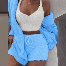 Load image into Gallery viewer, Women Fluffy Soft Pajama Sets Fleece Long Sleeve Nightwear Plush Hooded Coat+Shorts  Comfortable Sleepwear 3PCS