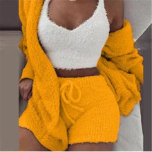 Load image into Gallery viewer, Women Fluffy Soft Pajama Sets Fleece Long Sleeve Nightwear Plush Hooded Coat+Shorts  Comfortable Sleepwear 3PCS