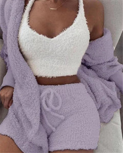 Women Fluffy Soft Pajama Sets Fleece Long Sleeve Nightwear Plush Hooded Coat+Shorts  Comfortable Sleepwear 3PCS