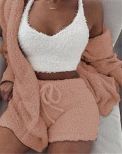 Load image into Gallery viewer, Women Fluffy Soft Pajama Sets Fleece Long Sleeve Nightwear Plush Hooded Coat+Shorts  Comfortable Sleepwear 3PCS