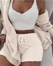 Load image into Gallery viewer, Women Fluffy Soft Pajama Sets Fleece Long Sleeve Nightwear Plush Hooded Coat+Shorts  Comfortable Sleepwear 3PCS