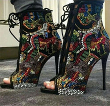 Load image into Gallery viewer, Fashion Crystal Covered Women Boots Lace Up High Heels Summer Sandals Boots Multicolor Diamond Ankle Boots Shoes Botas