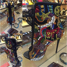 Load image into Gallery viewer, Fashion Crystal Covered Women Boots Lace Up High Heels Summer Sandals Boots Multicolor Diamond Ankle Boots Shoes Botas