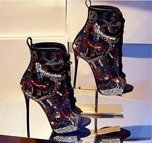 Load image into Gallery viewer, Fashion Crystal Covered Women Boots Lace Up High Heels Summer Sandals Boots Multicolor Diamond Ankle Boots Shoes Botas