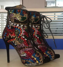 Load image into Gallery viewer, Fashion Crystal Covered Women Boots Lace Up High Heels Summer Sandals Boots Multicolor Diamond Ankle Boots Shoes Botas