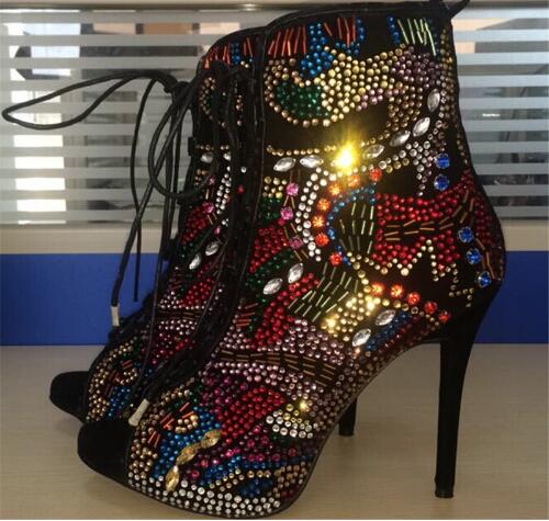 Fashion Crystal Covered Women Boots Lace Up High Heels Summer Sandals Boots Multicolor Diamond Ankle Boots Shoes Botas