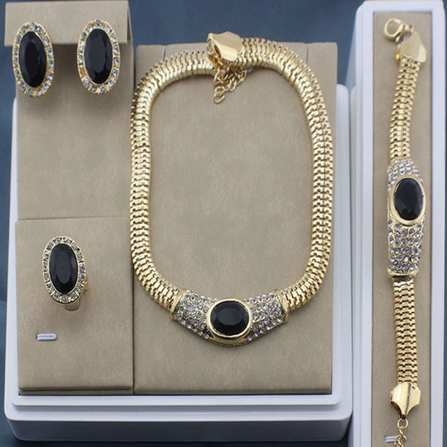 Wedding dress accessories black crystal necklace earrings gold color beaded jeweler sets new African women