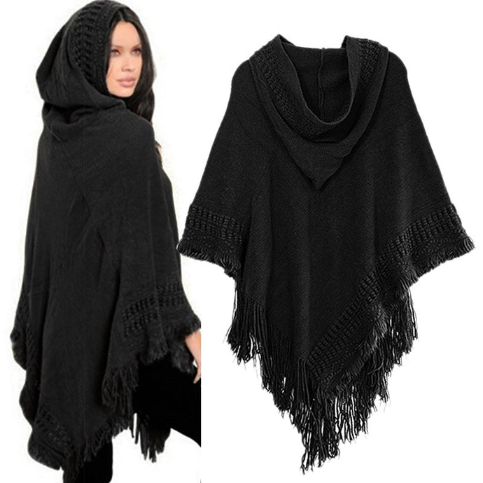 Women Cloak Hooded Sweaters Knit Batwing Top Poncho With Hood Cape Coat Tassel Sweater Outwear