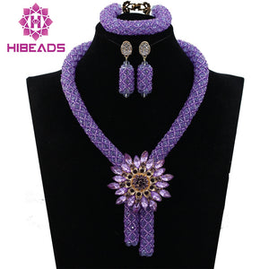 Lilac Wedding African Beads Jewelry Set Clear Purple Crystal Nigerian Bead Necklaces Bracelet Earrings Celebration