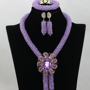 Lilac Wedding African Beads Jewelry Set Clear Purple Crystal Nigerian Bead Necklaces Bracelet Earrings Celebration