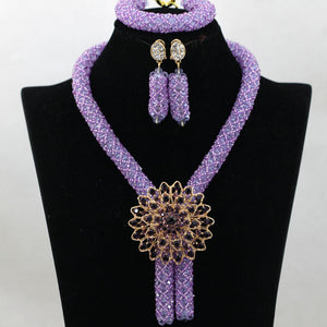 Lilac Wedding African Beads Jewelry Set Clear Purple Crystal Nigerian Bead Necklaces Bracelet Earrings Celebration