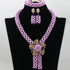 Lilac Wedding African Beads Jewelry Set Clear Purple Crystal Nigerian Bead Necklaces Bracelet Earrings Celebration