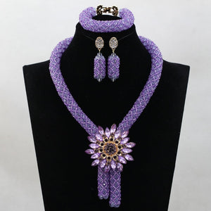 Lilac Wedding African Beads Jewelry Set Clear Purple Crystal Nigerian Bead Necklaces Bracelet Earrings Celebration