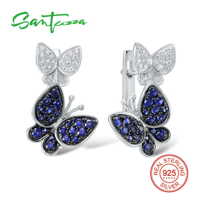 Silver butterfly Earrings for Women Blue White Cubic Zircon Earrings  Pure 925 Sterling Silver