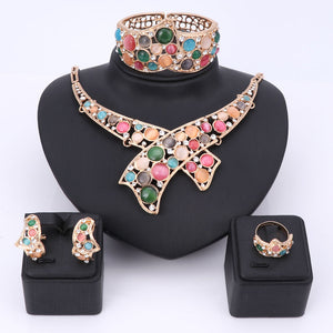 Women African Beads Jewelry Set Costume Gold Color Nigerian Cat's Eye Crystal Necklace Jewelry Sets